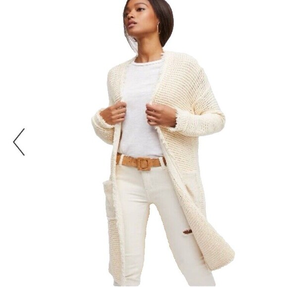 Free People Wouldn't Knit Be Nice LongLine Ivory open front Cardigan L - Picture 1 of 11